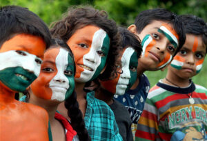 Kids in Indian flag paint in face